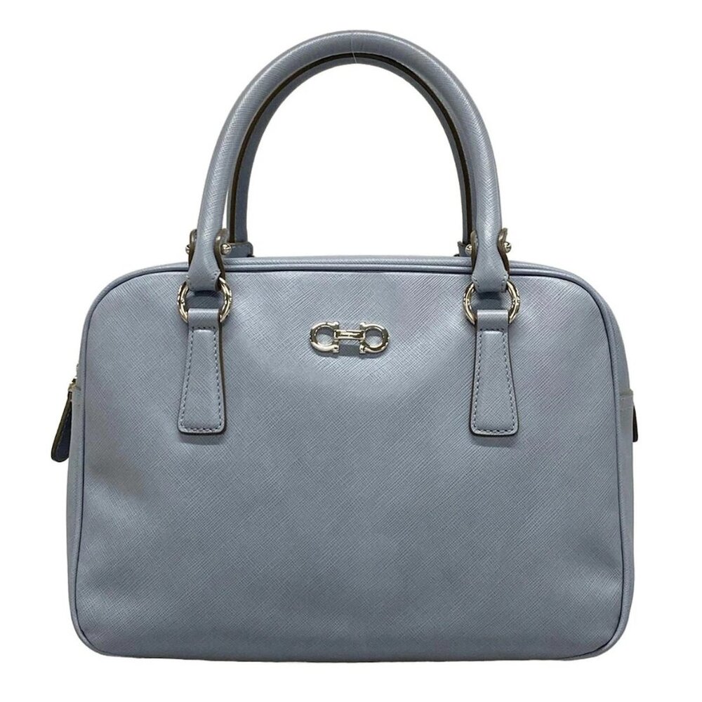 Auth Salvatore Ferragamo Gancini 21B713 Light Blue Leather Handbag